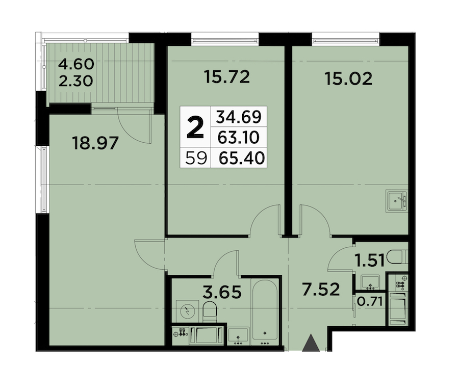 2-комнатная квартира 65.4 м², 10/14 эт., ЖК «GloraX City Zanevsky»
